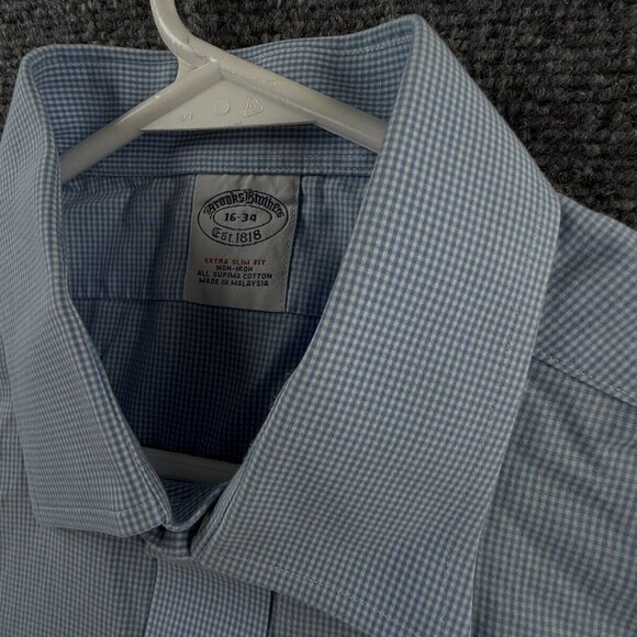 Brooks Brothers Extra-Slim 16-34 Non-Iron Spread Check Blue Cotton Button Up Men - Picture 10 of 16